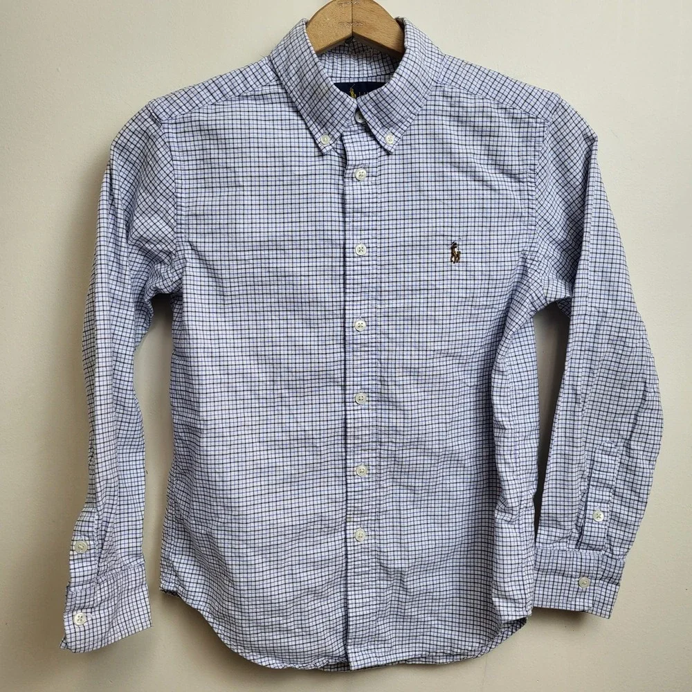 Ralph Lauren Kids Medium 10 12 Button‎ Down Shirt Blue Plaid Long Sleeve Flesh